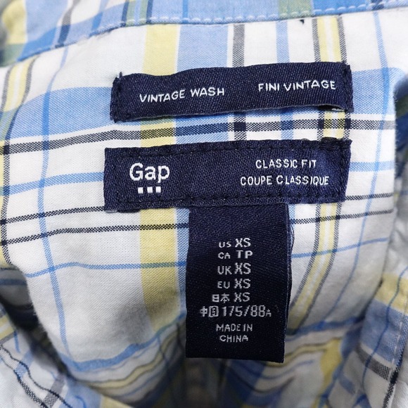 GAP VINTAGE WASH CLASSIC FIT BLUE YELLOW PLAID BUTTON DOWN SHIRT MENS SIZE XS - Picture 5 of 6